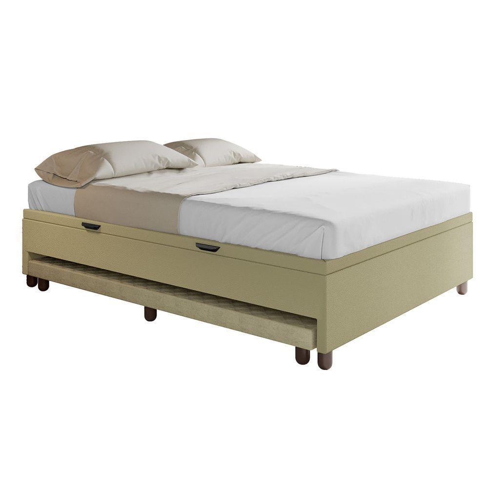 Base Cama Baú Casal Com Cama Auxiliar C/colchão Conjugado Corino - Skybox Cor Bege - 4