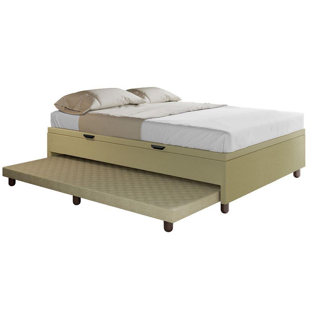 Base Cama Baú Casal Com Cama Auxiliar C/colchão Conjugado Corino - Skybox Cor Bege - 5