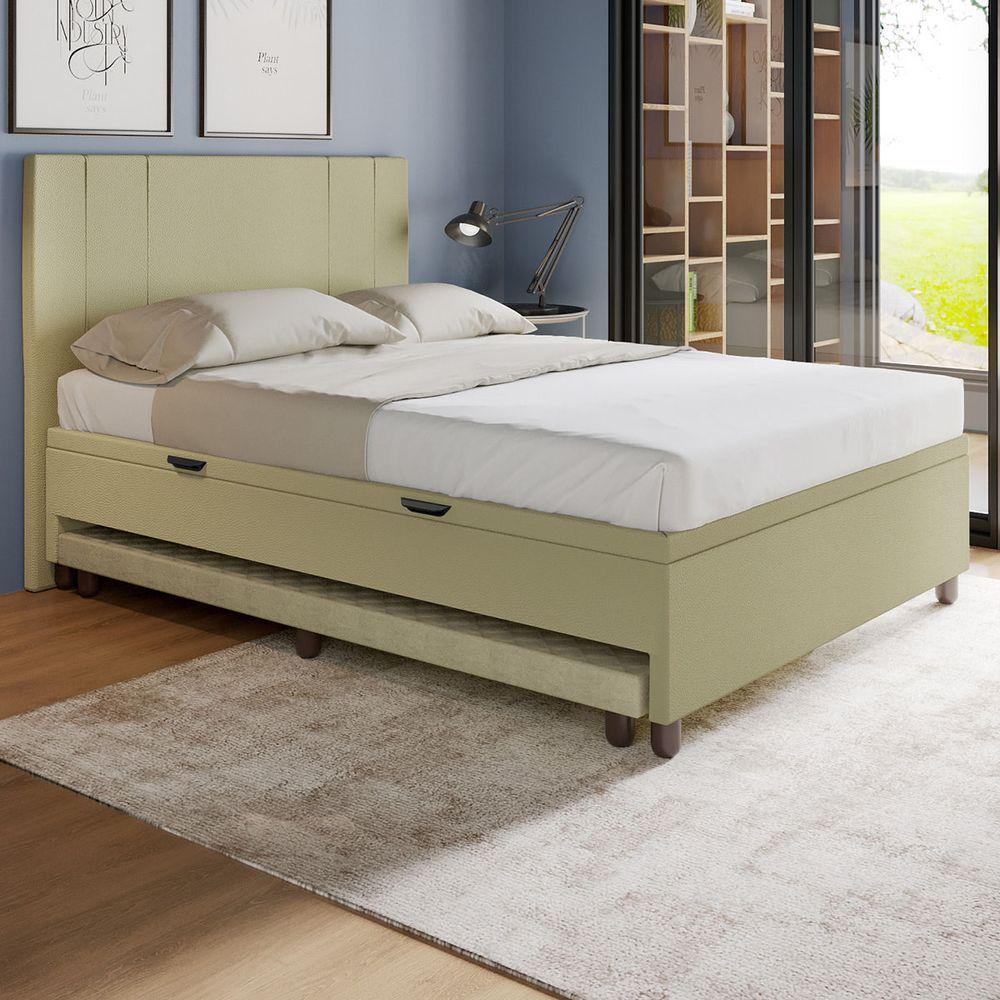 Base Cama Baú Casal Com Cama Auxiliar C/colchão Conjugado Corino - Skybox Cor Bege - 6