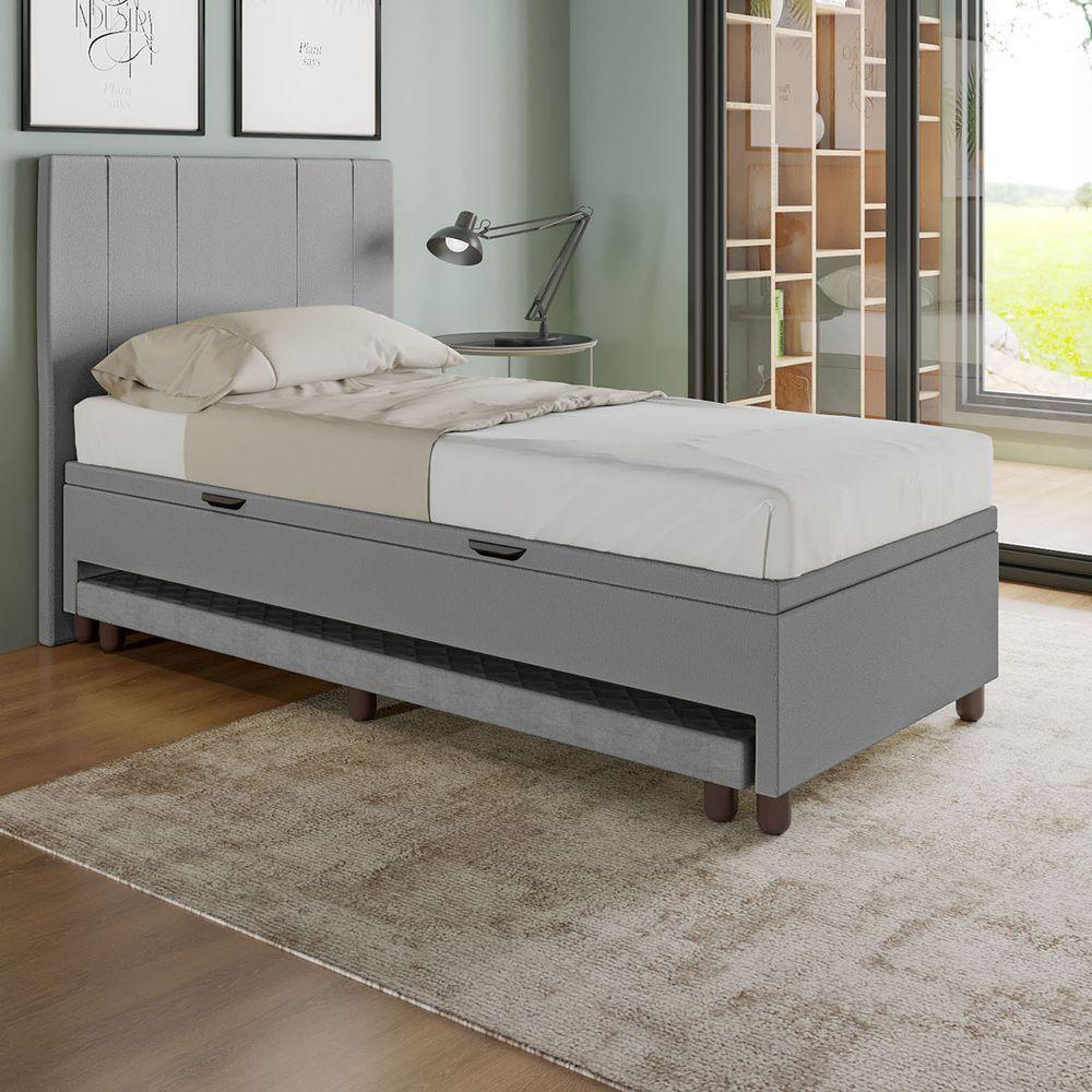 Base Cama Baú Solteiro Com Cama Auxiliar C/colchão Conjugado Corino - Skybox Cor Cinza - 6