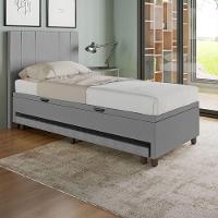 Base Cama Baú Solteiro Com Cama Auxiliar C/colchão Conjugado Corino - Skybox Cor Cinza - 6