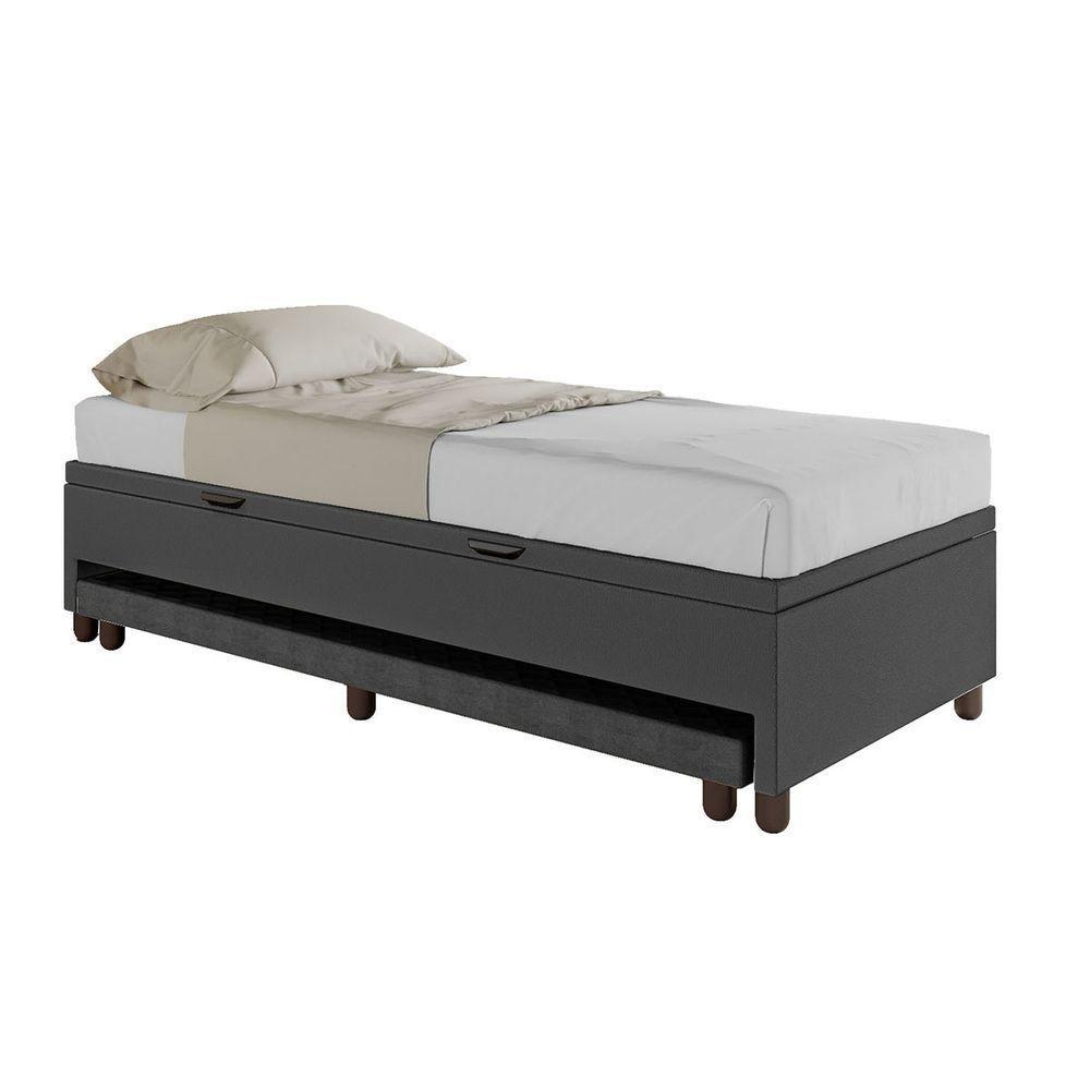 Base Cama Baú Solteiro Com Cama Auxiliar C/colchão Conjugado Corino - Skybox Cor Preto - 4