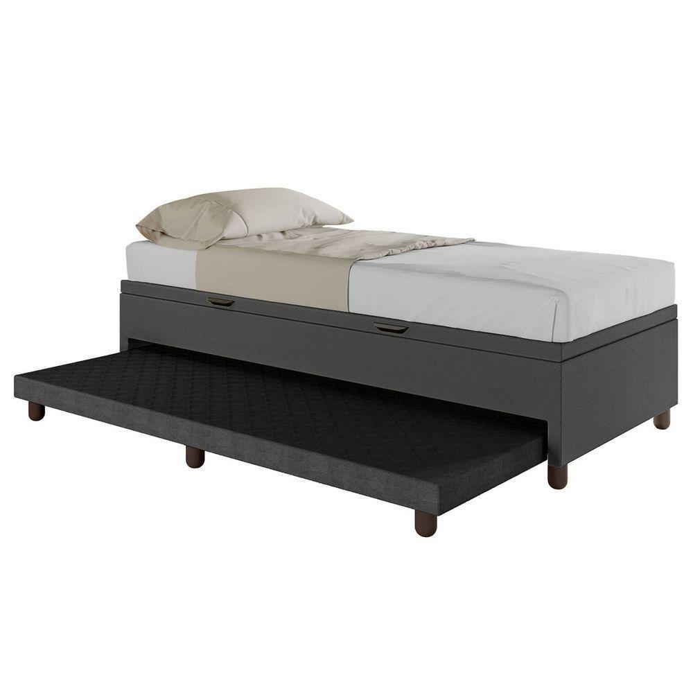 Base Cama Baú Solteiro Com Cama Auxiliar C/colchão Conjugado Corino - Skybox Cor Preto - 5