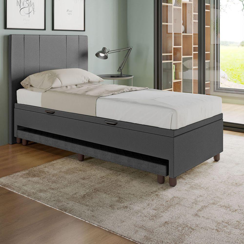 Base Cama Baú Solteiro Com Cama Auxiliar C/colchão Conjugado Corino - Skybox Cor Preto - 6