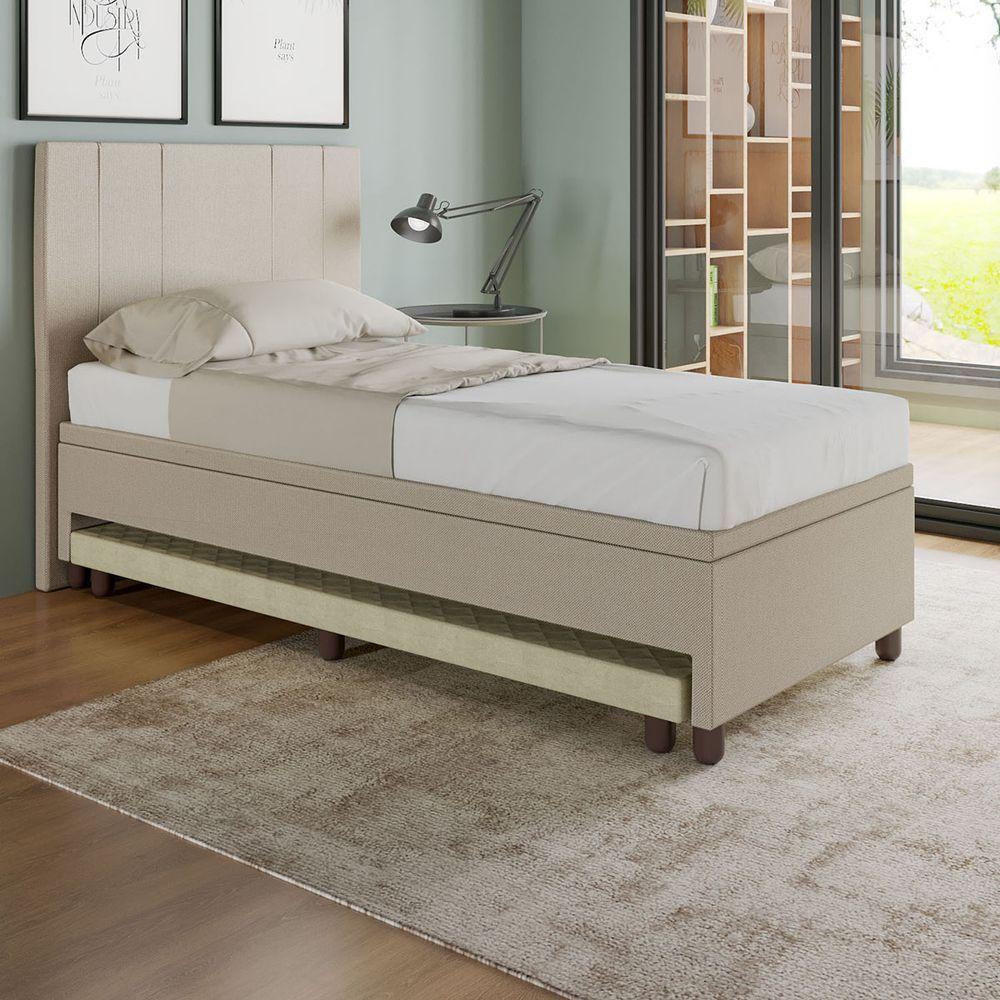 Base Box Solteiro Com Cama Auxiliar Com Colchão Conjugado Linho - Skybox Cor Bege - 7