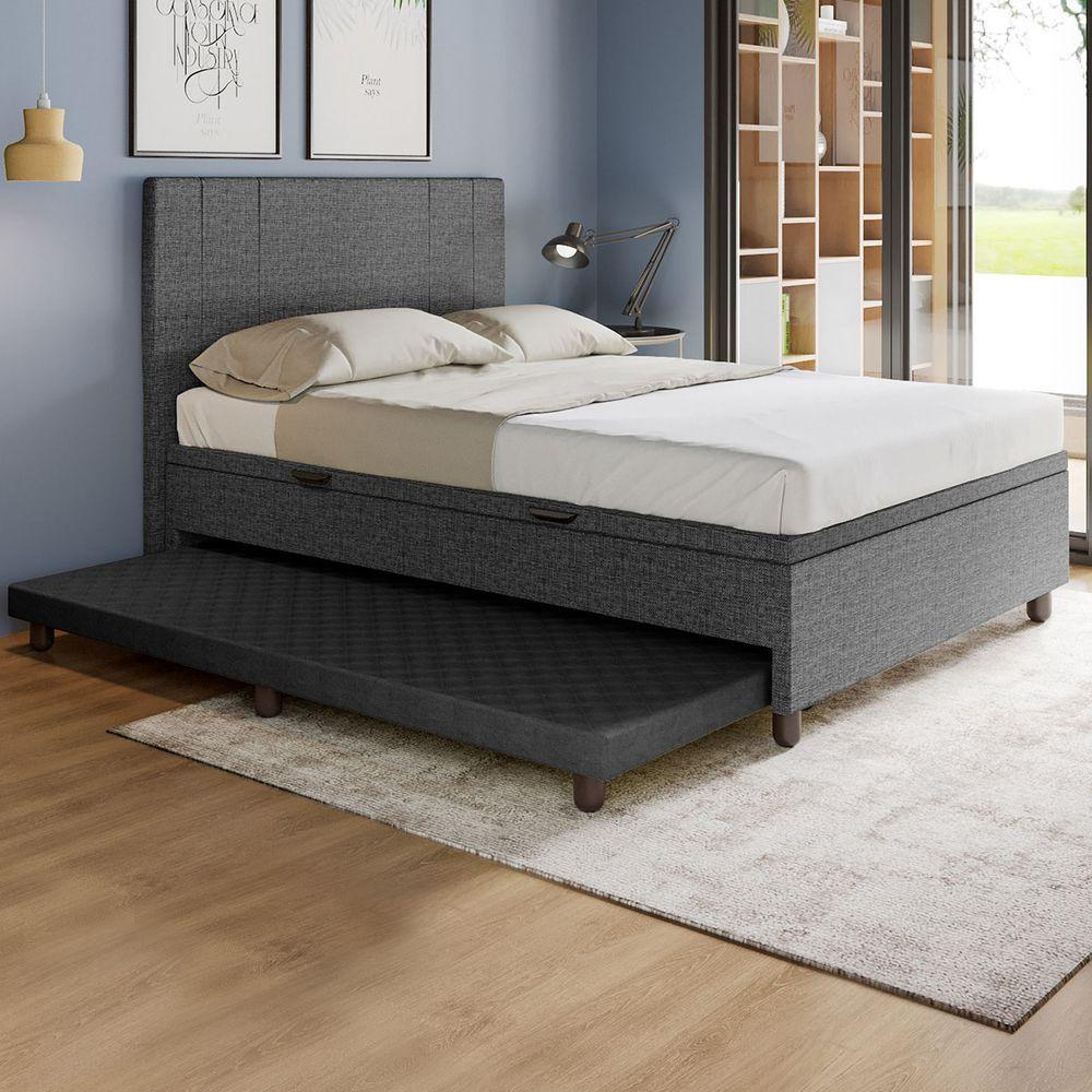 Base Cama Baú Casal Com Cama Auxiliar C/colchão Conjugado Linho - Skybox Cor Preto - 1