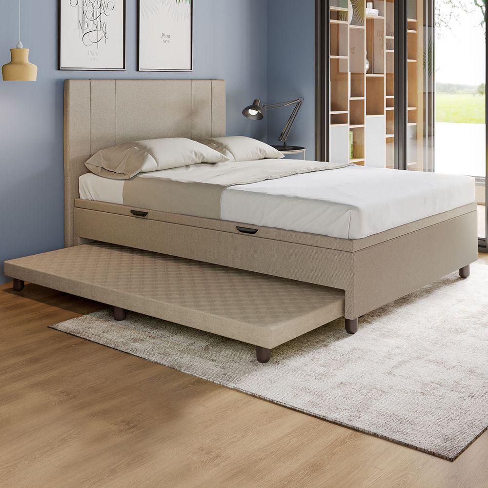 Base Cama Baú Casal Com Cama Auxiliar C/colchão Conjugado Linho - Skybox Cor Bege - 1