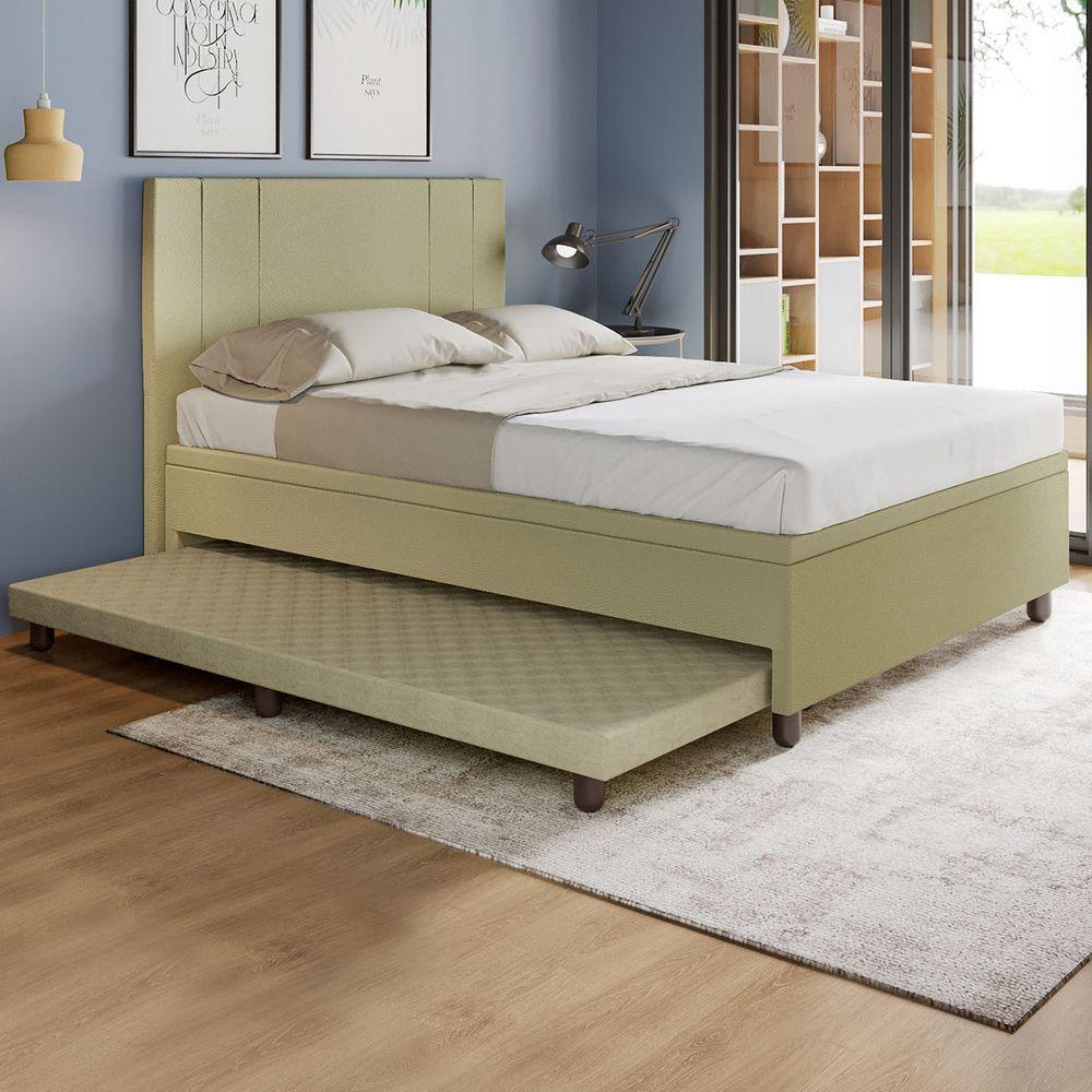 Base Box Casal Com Cama Auxiliar Com Colchão Conjugado Corino - Skybox Cor Bege - 1