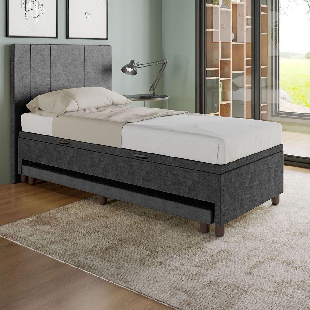 Base Cama Baú Solteiro Com Cama Auxiliar C/colchão Conjugado Veludo - Skybox Cor Preto - 6