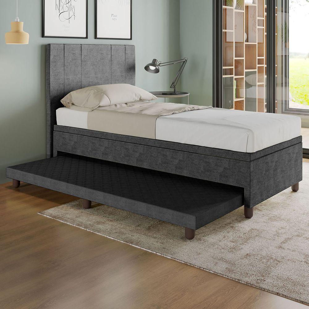 Base Box Solteiro Com Cama Auxiliar C/colchão Conjugado Veludo - Skybox Cor Preto - 1