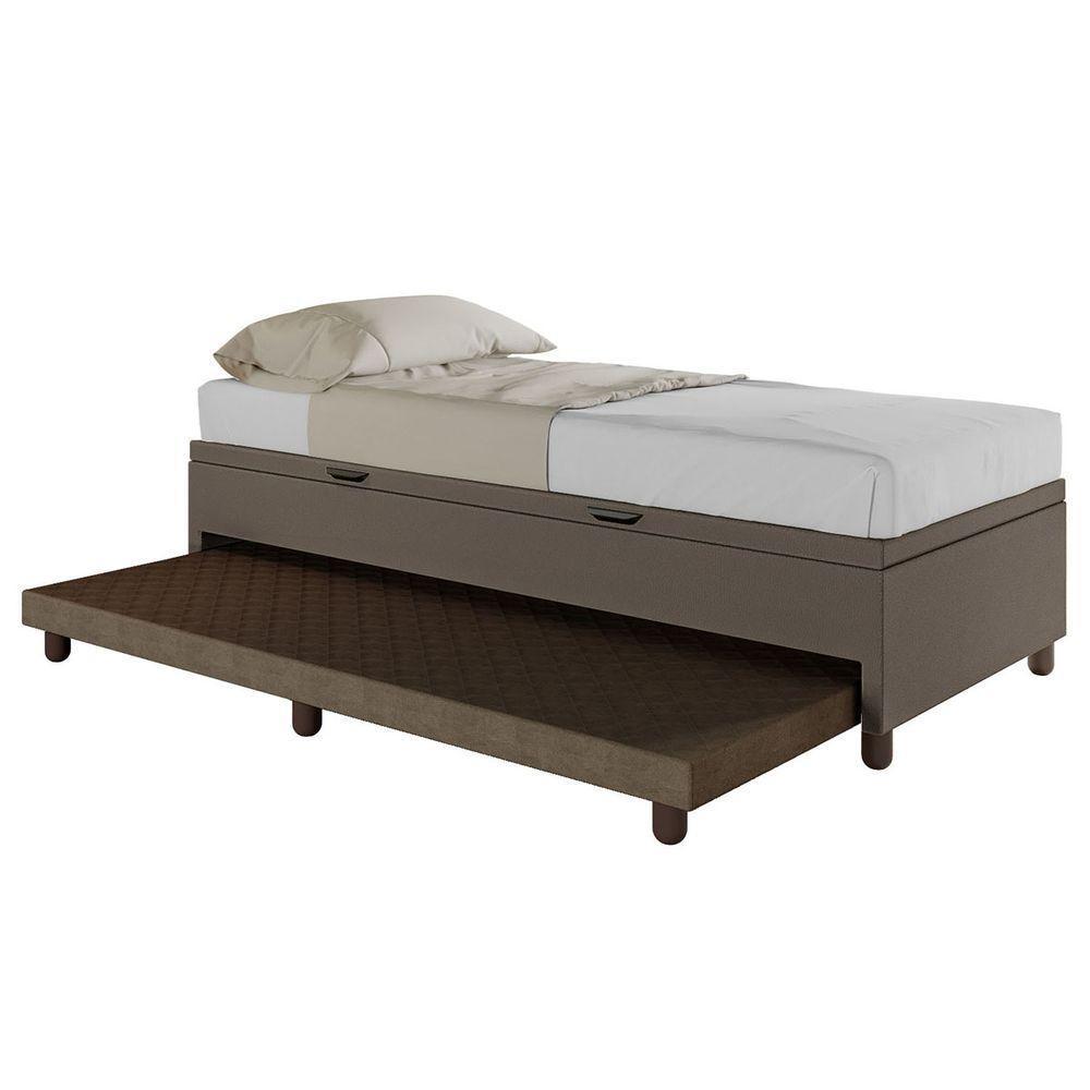 Base Cama Baú Solteiro Com Cama Auxiliar C/colchão Conjugado Corino - Skybox Cor Marrom - 4