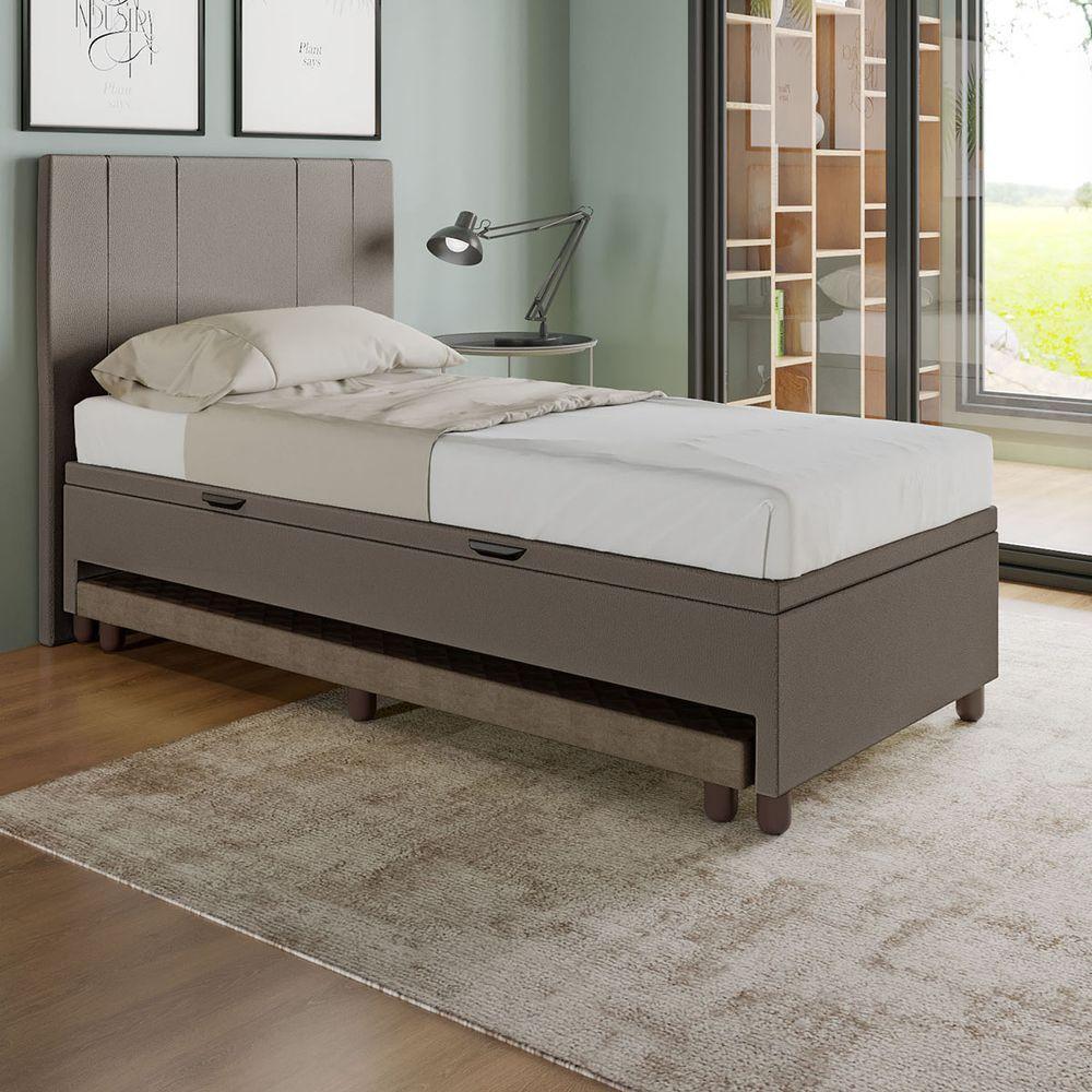 Base Cama Baú Solteiro Com Cama Auxiliar C/colchão Conjugado Corino - Skybox Cor Marrom - 6