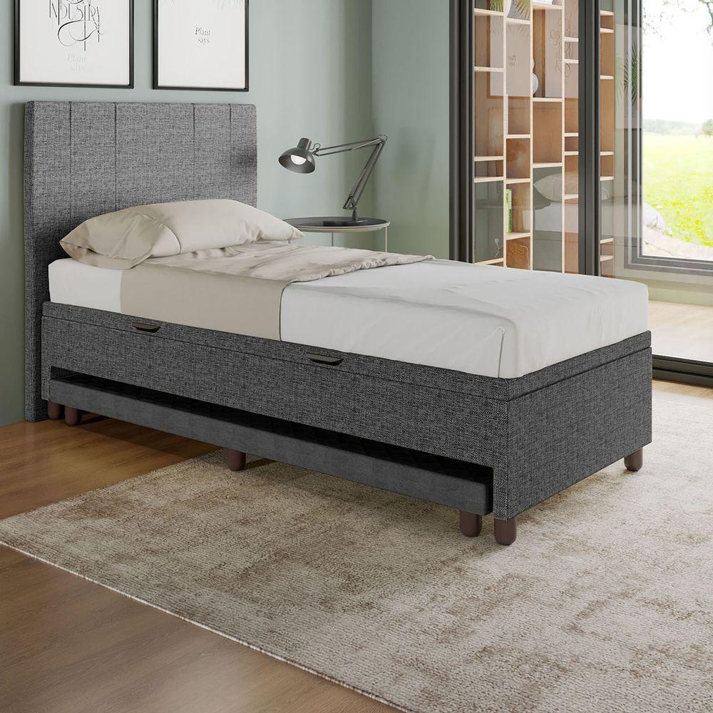 Base Cama Baú Solteiro Com Cama Auxiliar C/colchão Conjugado Linho - Skybox Cor Preto - 6