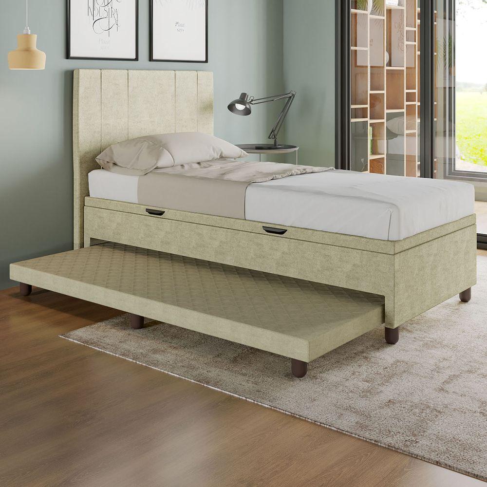 Base Cama Baú Solteiro Com Cama Auxiliar C/colchão Conjugado Veludo - Skybox Cor Bege - 1
