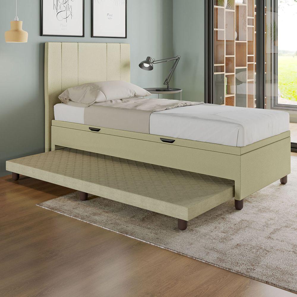 Base Cama Baú Solteiro Com Cama Auxiliar C/colchão Conjugado Corino - Skybox Cor Bege - 1