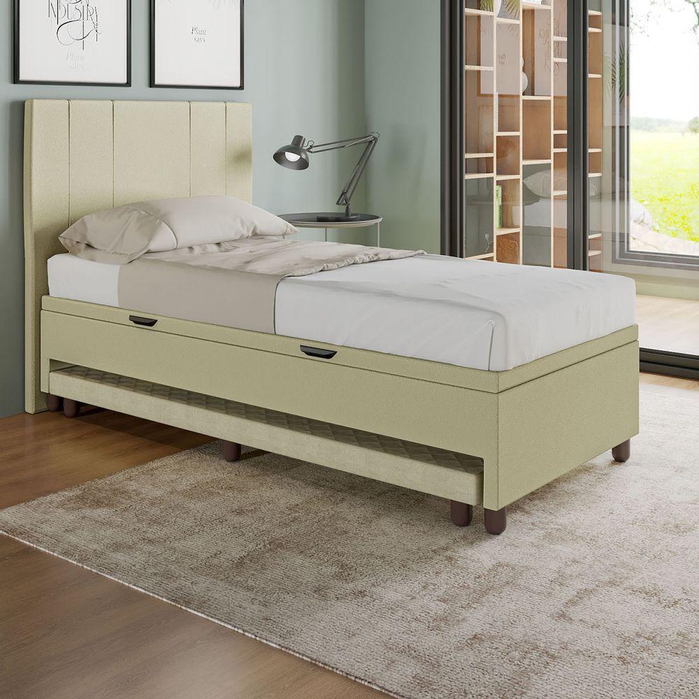 Base Cama Baú Solteiro Com Cama Auxiliar C/colchão Conjugado Corino - Skybox Cor Bege - 5