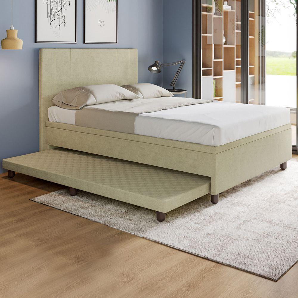 Base Box Casal Com Cama Auxiliar Com Colchão Conjugado Veludo - Skybox Cor Bege - 1