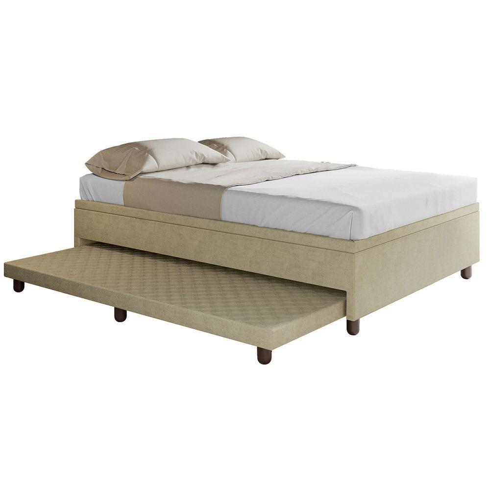 Base Box Casal Com Cama Auxiliar Com Colchão Conjugado Veludo - Skybox Cor Bege - 3
