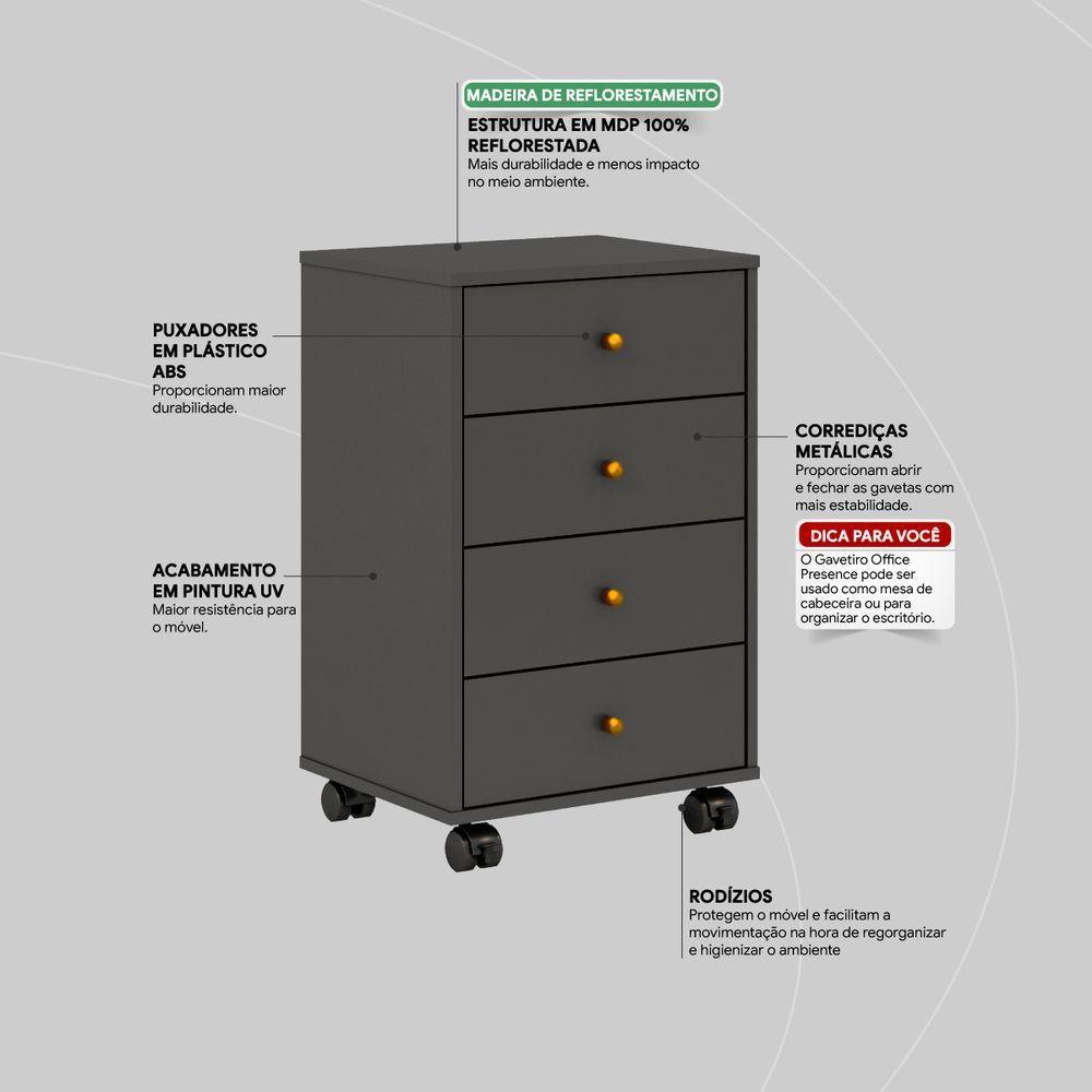 Gaveteiro Com 4 Gavetas Office Presence Amendola/grafito - Demóbile - 2