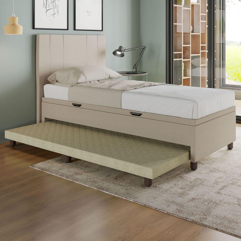 Base Cama Baú Solteiro Com Cama Auxiliar C/colchão Conjugado Linho - Skybox Cor Bege - 1