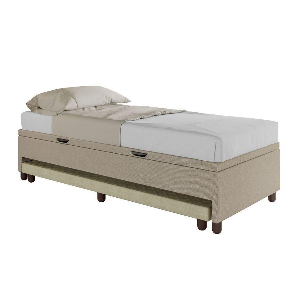 Base Cama Baú Solteiro Com Cama Auxiliar C/colchão Conjugado Linho - Skybox Cor Bege - 3