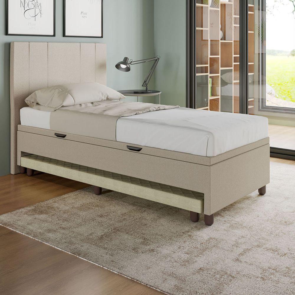Base Cama Baú Solteiro Com Cama Auxiliar C/colchão Conjugado Linho - Skybox Cor Bege - 6
