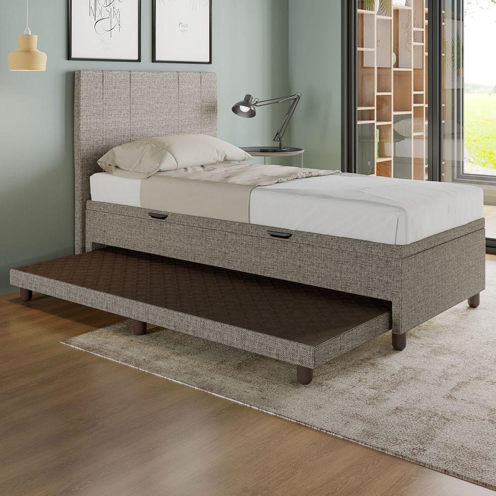 Base Cama Baú Solteiro Com Cama Auxiliar C/colchão Conjugado Linho - Skybox Cor Marrom - 1