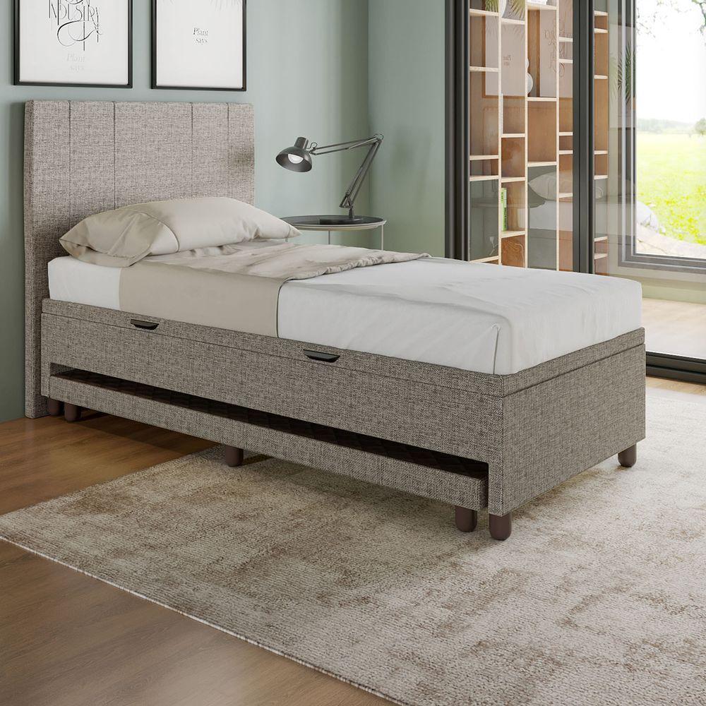 Base Cama Baú Solteiro Com Cama Auxiliar C/colchão Conjugado Linho - Skybox Cor Marrom - 6