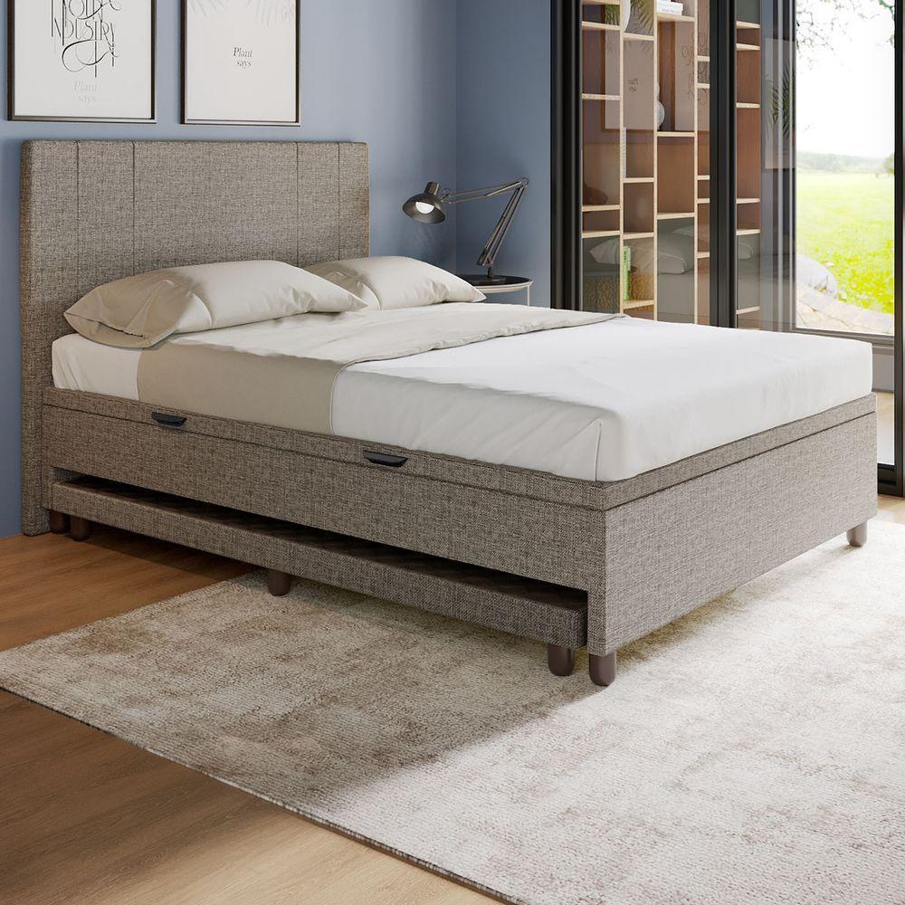 Base Cama Baú Casal Com Cama Auxiliar C/colchão Conjugado Linho - Skybox Cor Marrom - 6