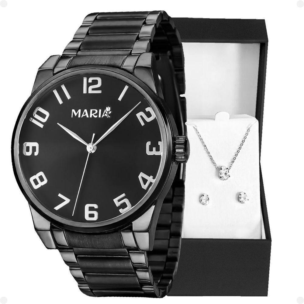 Relogio Feminino Preto Aço Inox + Caixa + Brincos + Colar Original Presente Qualidade Premium Social - 1