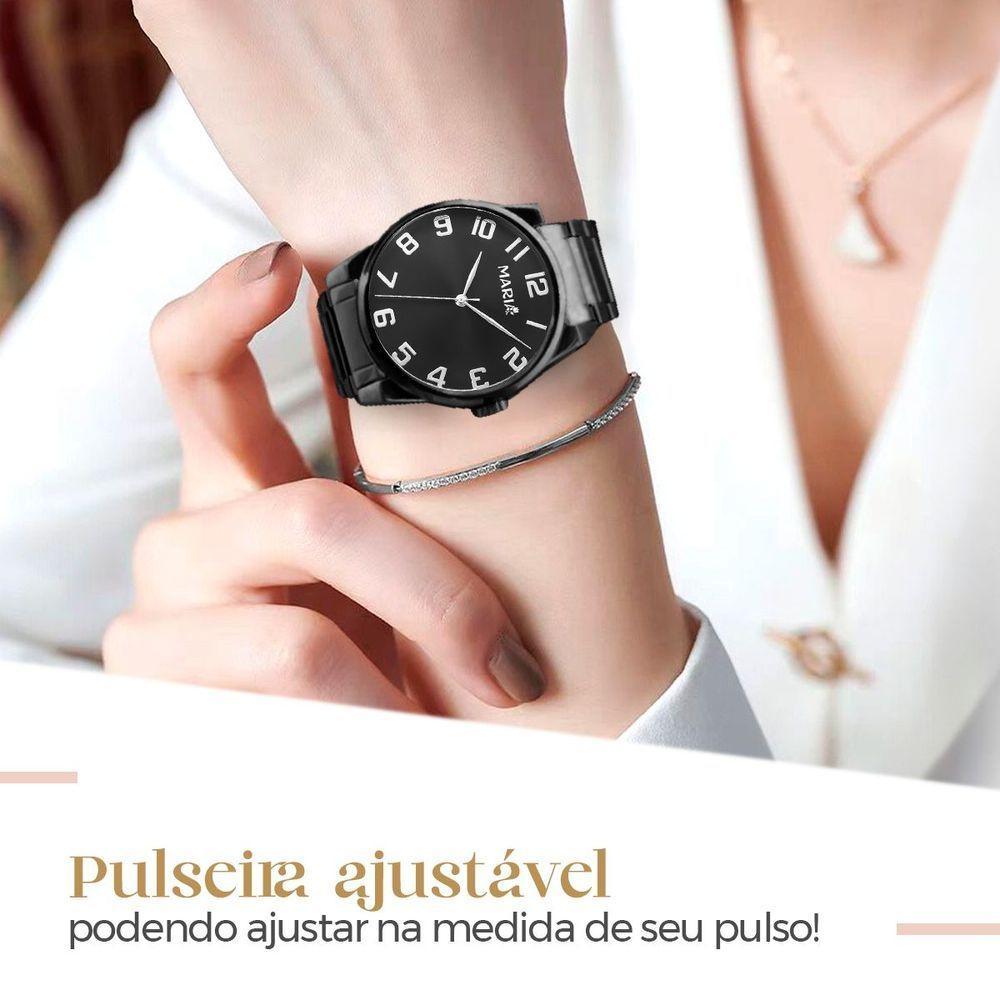 Relogio Feminino Preto Aço Inox + Caixa + Brincos + Colar Original Presente Qualidade Premium Social - 3