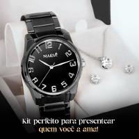 Relogio Feminino Preto Aço Inox + Caixa + Brincos + Colar Original Presente Qualidade Premium Social - 7
