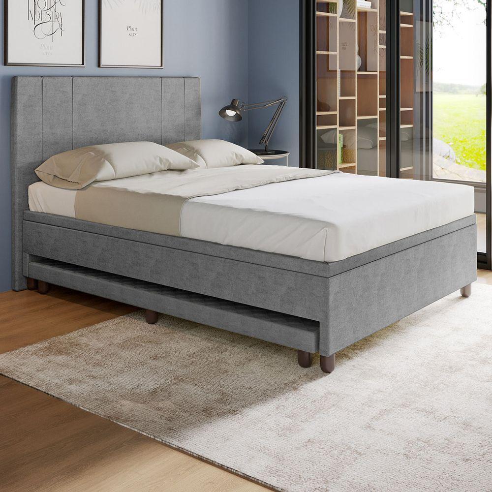 Base Box Casal Com Cama Auxiliar Com Colchão Conjugado Veludo - Skybox Cor Cinza - 6