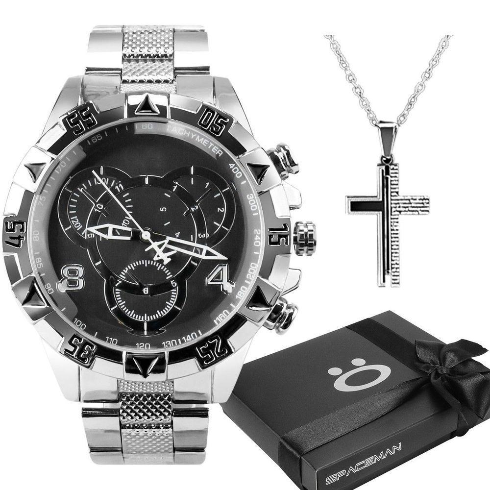 Relogio Aço Inox Prata Prova Dagua + Corrente Cruz + Caixa Casual Presente Grande Original Social - 1