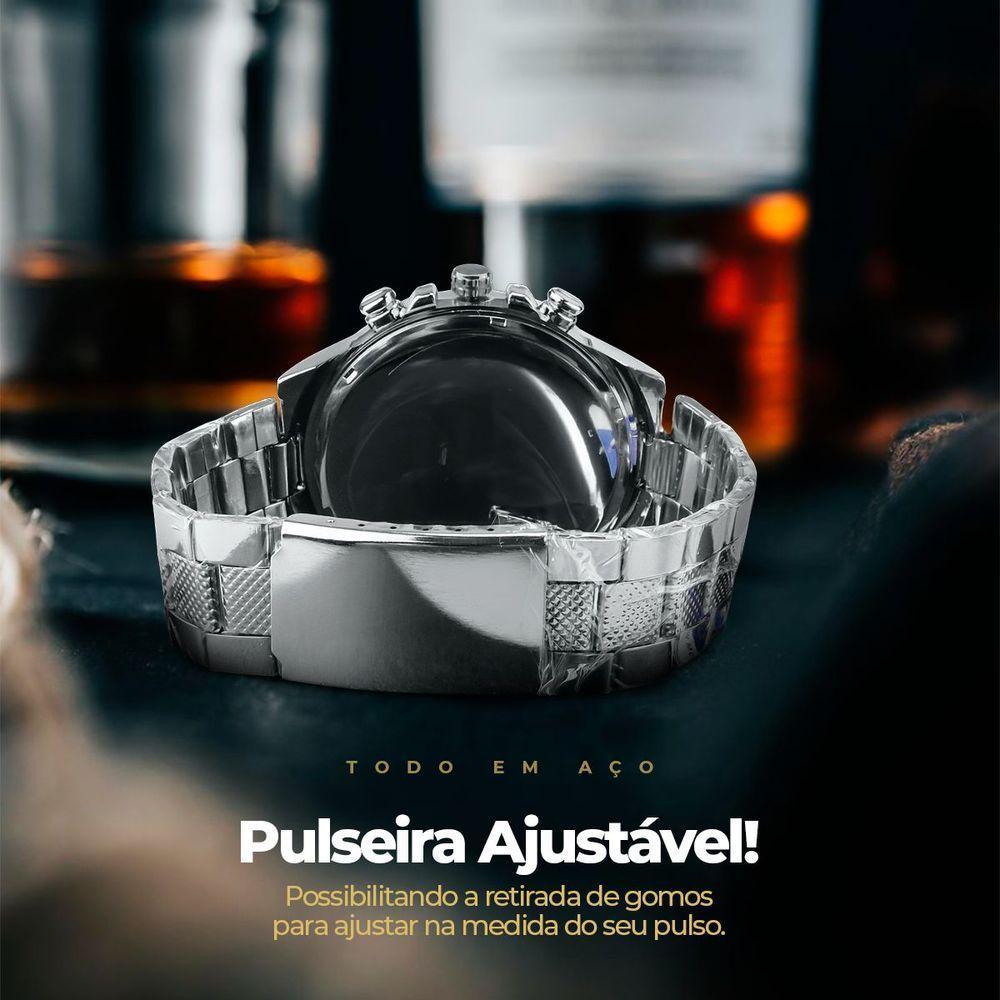 Relogio Aço Inox Prata Prova Dagua + Corrente Cruz + Caixa Casual Presente Grande Original Social - 4