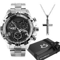 Relogio Aço Inox Prata Prova Dagua + Corrente Cruz + Caixa Casual Presente Grande Original Social - 1