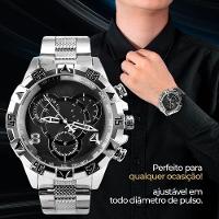 Relogio Aço Inox Prata Prova Dagua + Corrente Cruz + Caixa Casual Presente Grande Original Social - 6