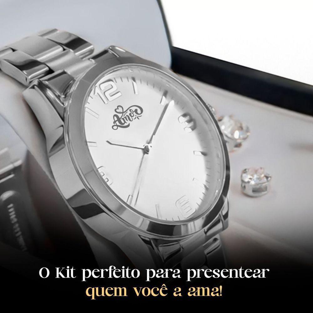 Relogio Feminino Aço Inox Prata + Colar + Pulseira + Caixa Strass Qualidade Premium Original Social - 2