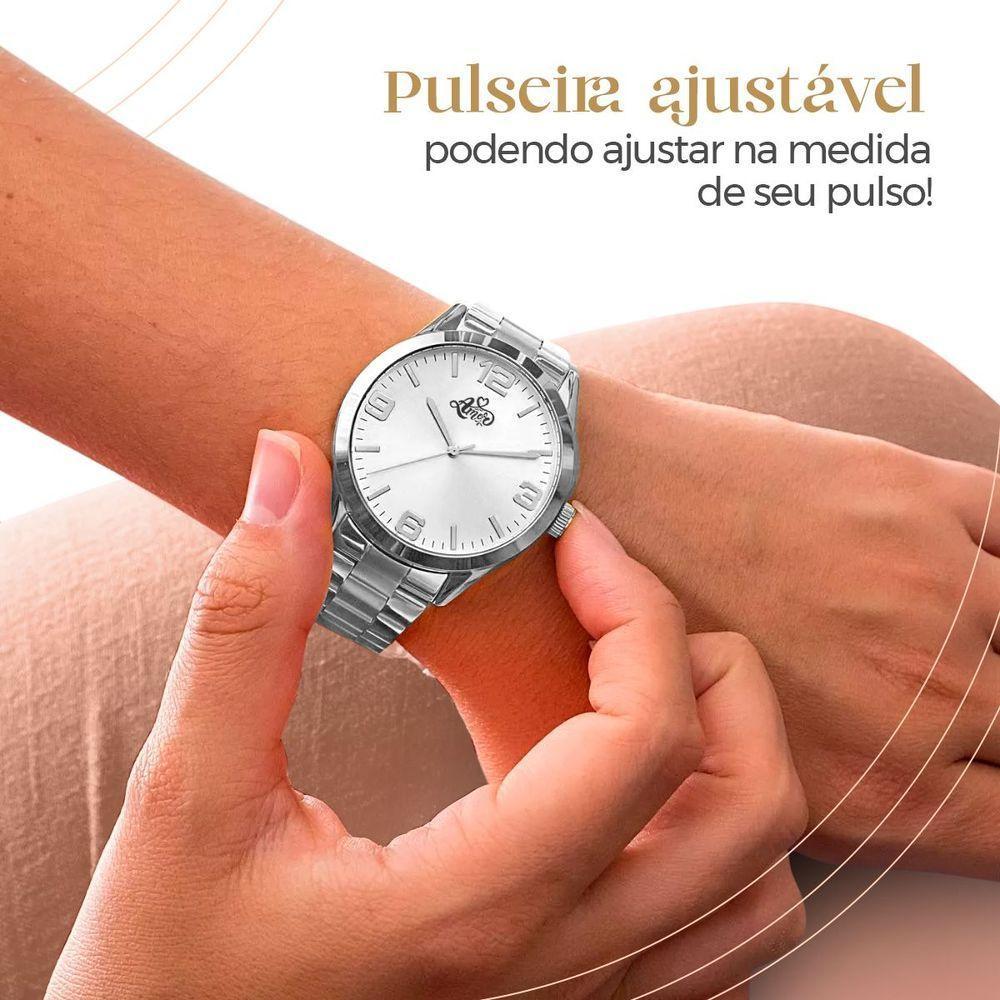 Relogio Feminino Aço Inox Prata + Colar + Pulseira + Caixa Strass Qualidade Premium Original Social - 5