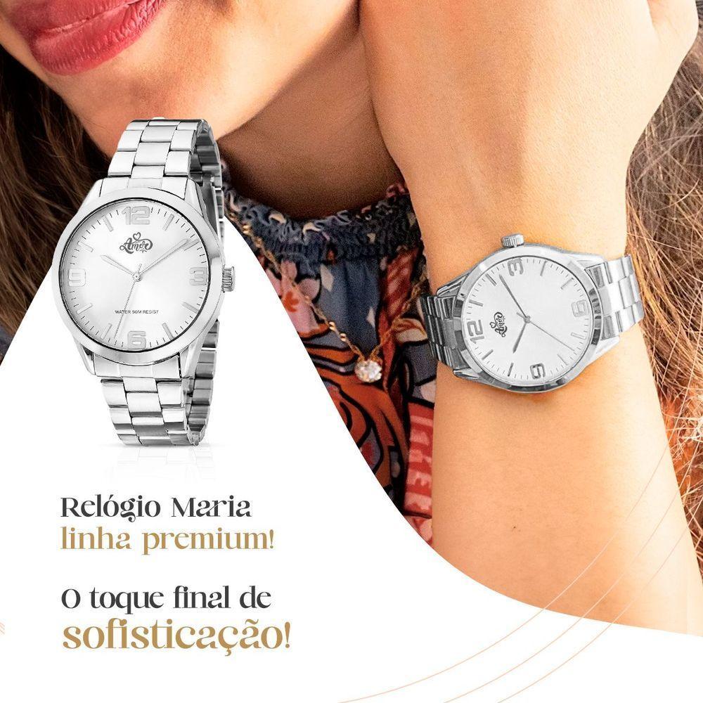 Relogio Feminino Aço Inox Prata + Colar + Pulseira + Caixa Strass Qualidade Premium Original Social - 7