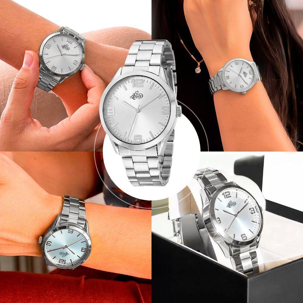 Relogio Feminino Aço Inox Prata + Colar + Pulseira + Caixa Strass Qualidade Premium Original Social - 8