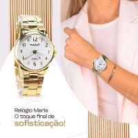 Relogio Feminino Dourado Aço + Pulseira + Caixa Casual Redondo Personalizavel Moda Presente Social