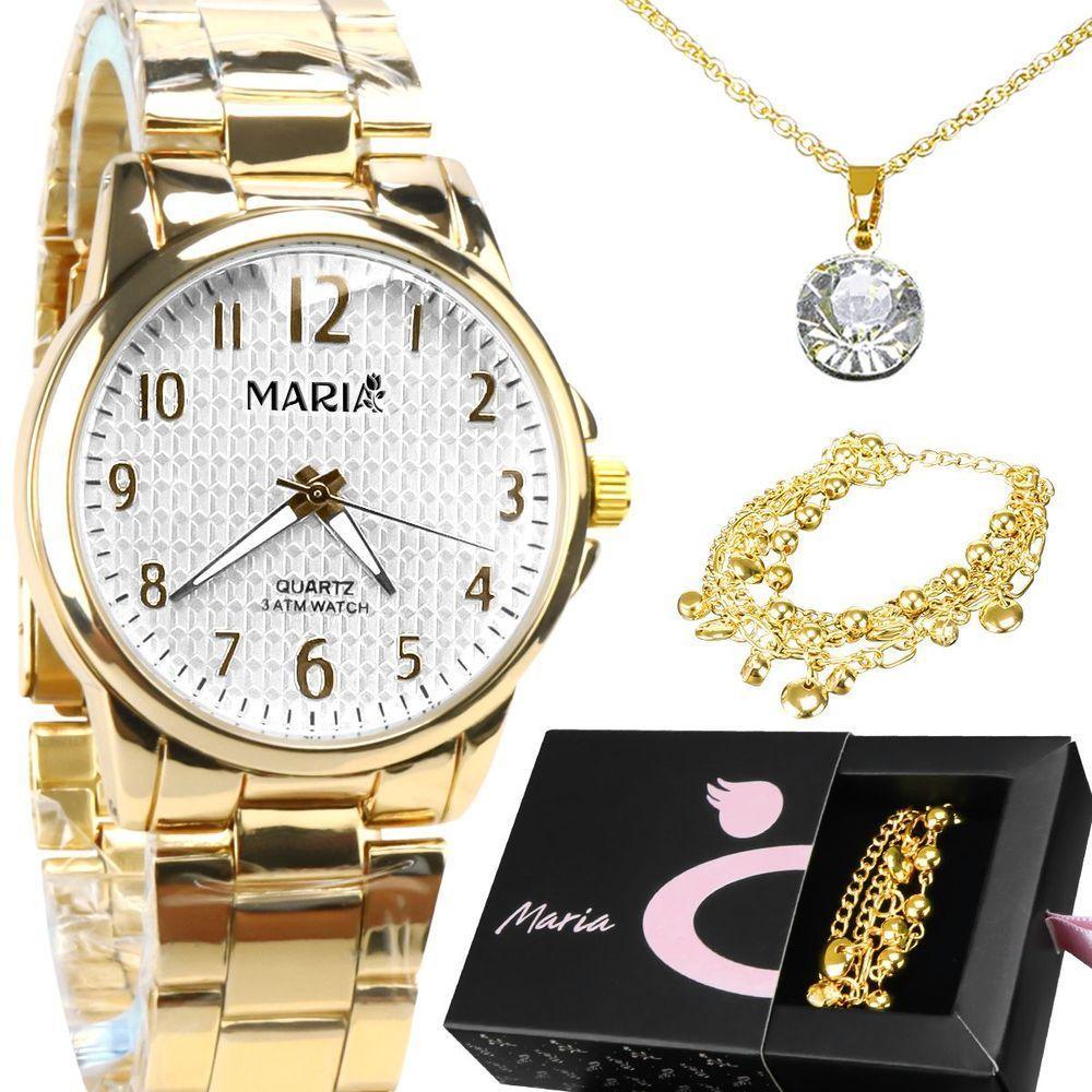 Relogio Feminino Dourado Aço Inox + Pulseira + Colar + Caixa Qualidade Premium Presente Moda Casual - 1