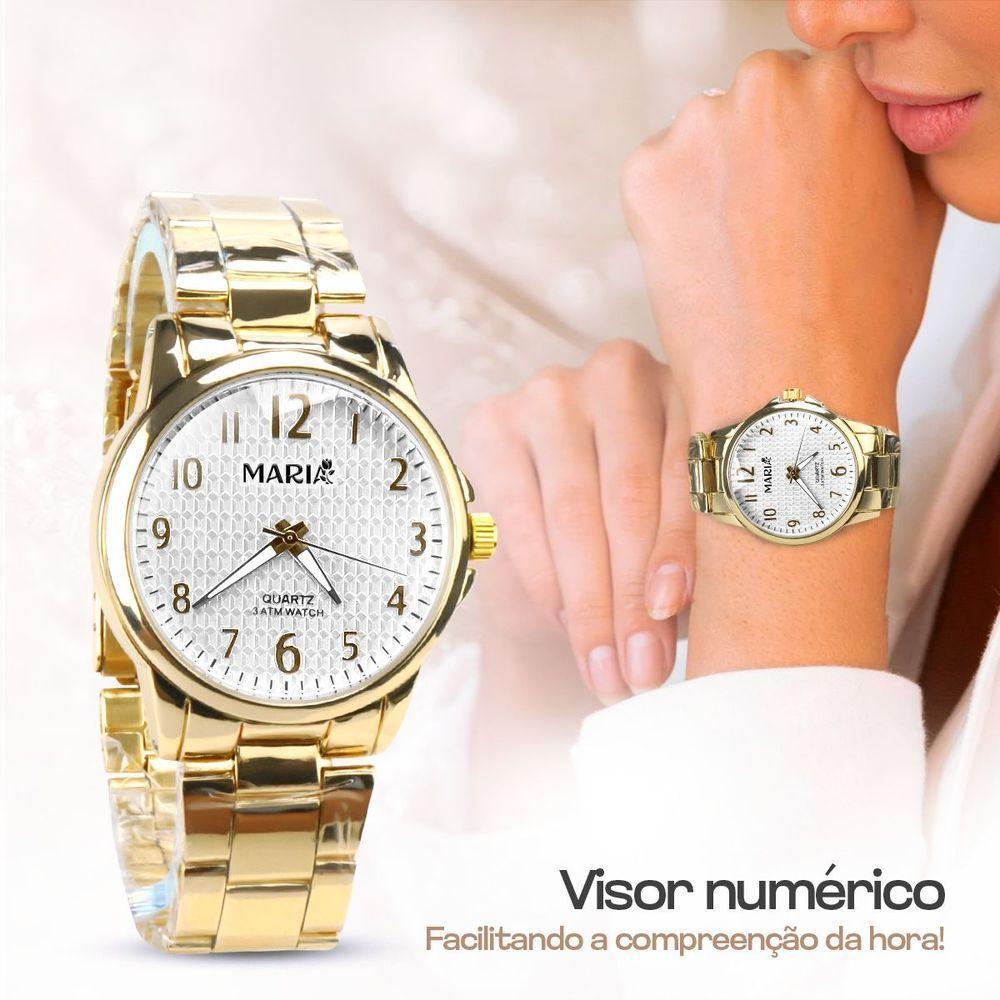 Relogio Feminino Dourado Aço Inox + Pulseira + Colar + Caixa Qualidade Premium Presente Moda Casual - 2