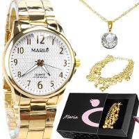 Relogio Feminino Dourado Aço Inox + Pulseira + Colar + Caixa Qualidade Premium Presente Moda Casual - 1