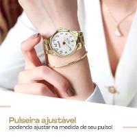 Relogio Feminino Dourado Aço Inox + Pulseira + Colar + Caixa Qualidade Premium Presente Moda Casual - 3