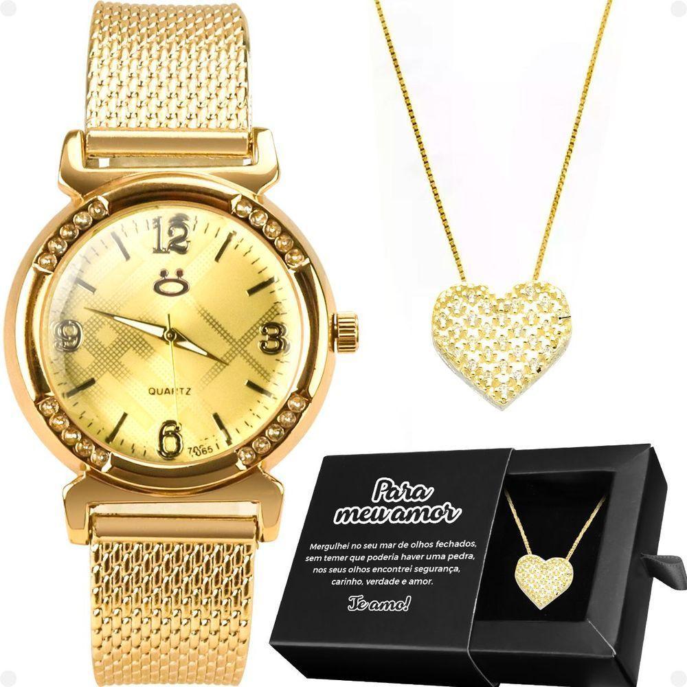 Relogio Feminino Aço Dourado + Colar Coração Amor + Caixa Inoxidável Presente Social Moda Casual - 1
