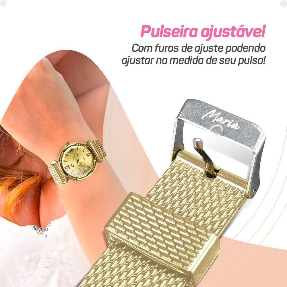 Relogio Feminino Aço Dourado + Colar Coração Amor + Caixa Inoxidável Presente Social Moda Casual - 3