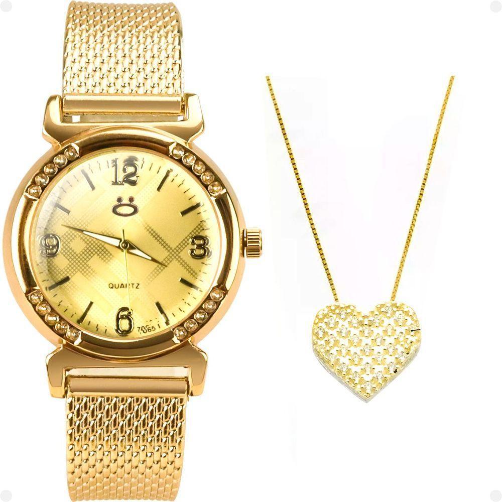 Relogio Feminino Aço Dourado + Colar Coração Amor + Caixa Inoxidável Presente Social Moda Casual - 5