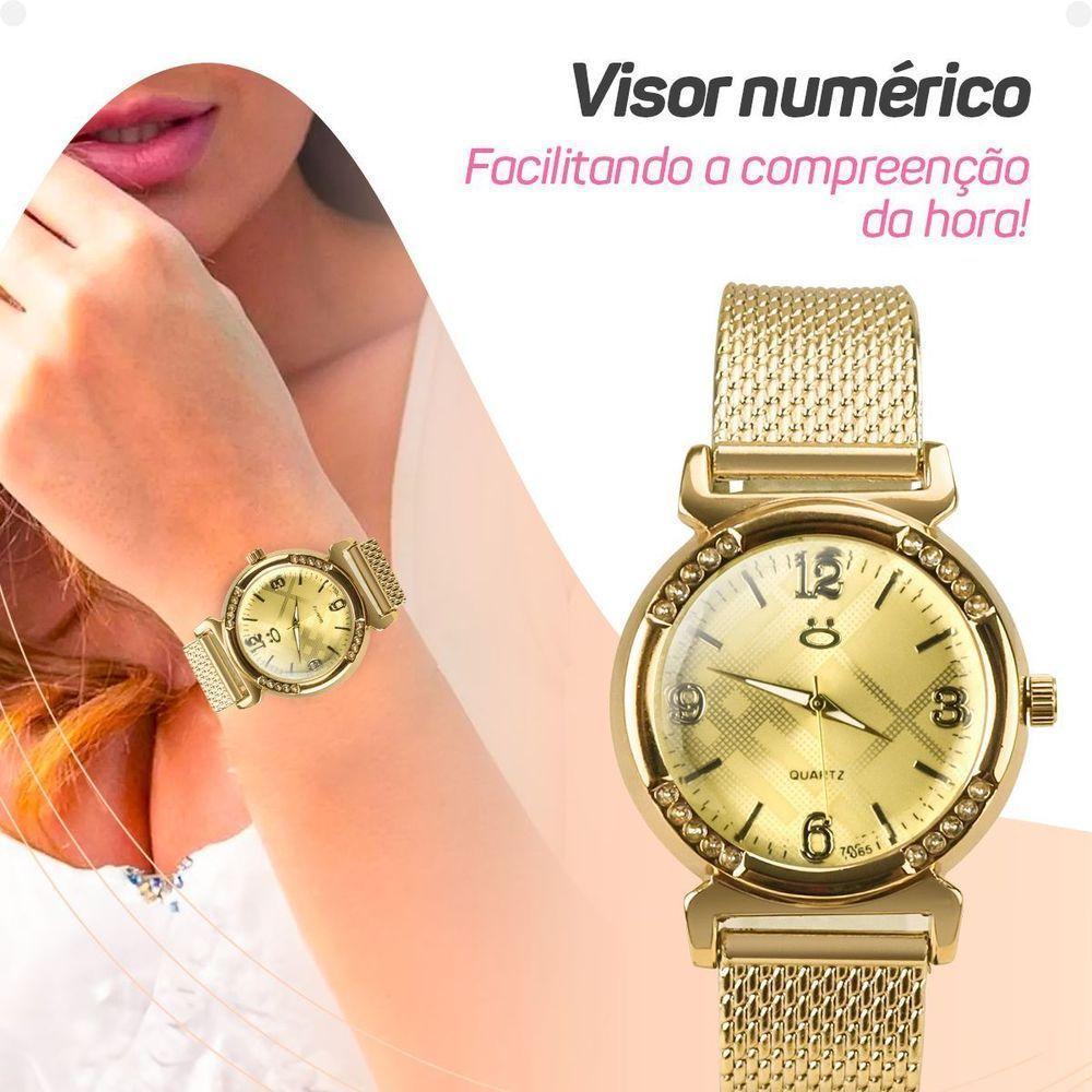 Relogio Feminino Aço Dourado + Colar Coração Amor + Caixa Inoxidável Presente Social Moda Casual - 6